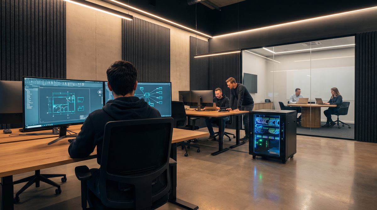 PCS engineers at their workstations next to a server cabinet in the office