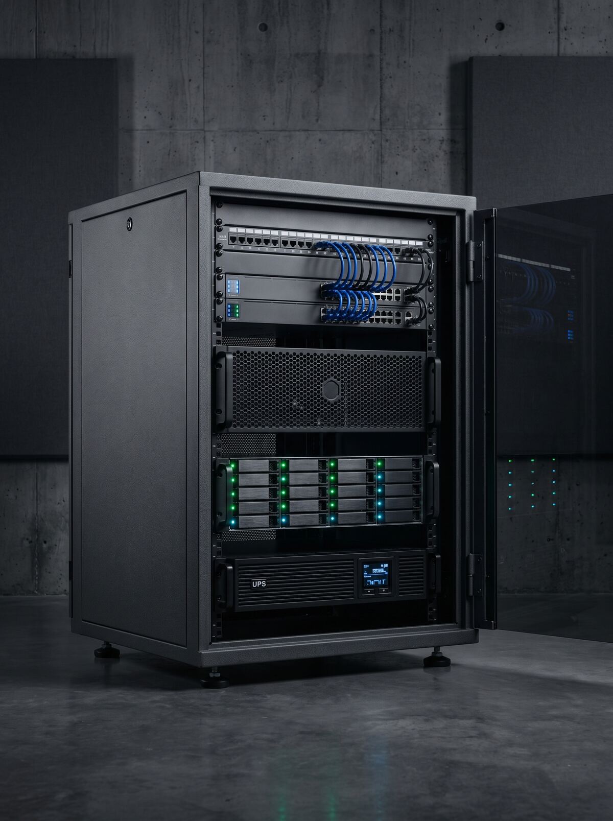 Otwarta szafa RACK z patch-panelami, przełącznikami sieciowymi, macierzą dyskową i zasilaczem UPS