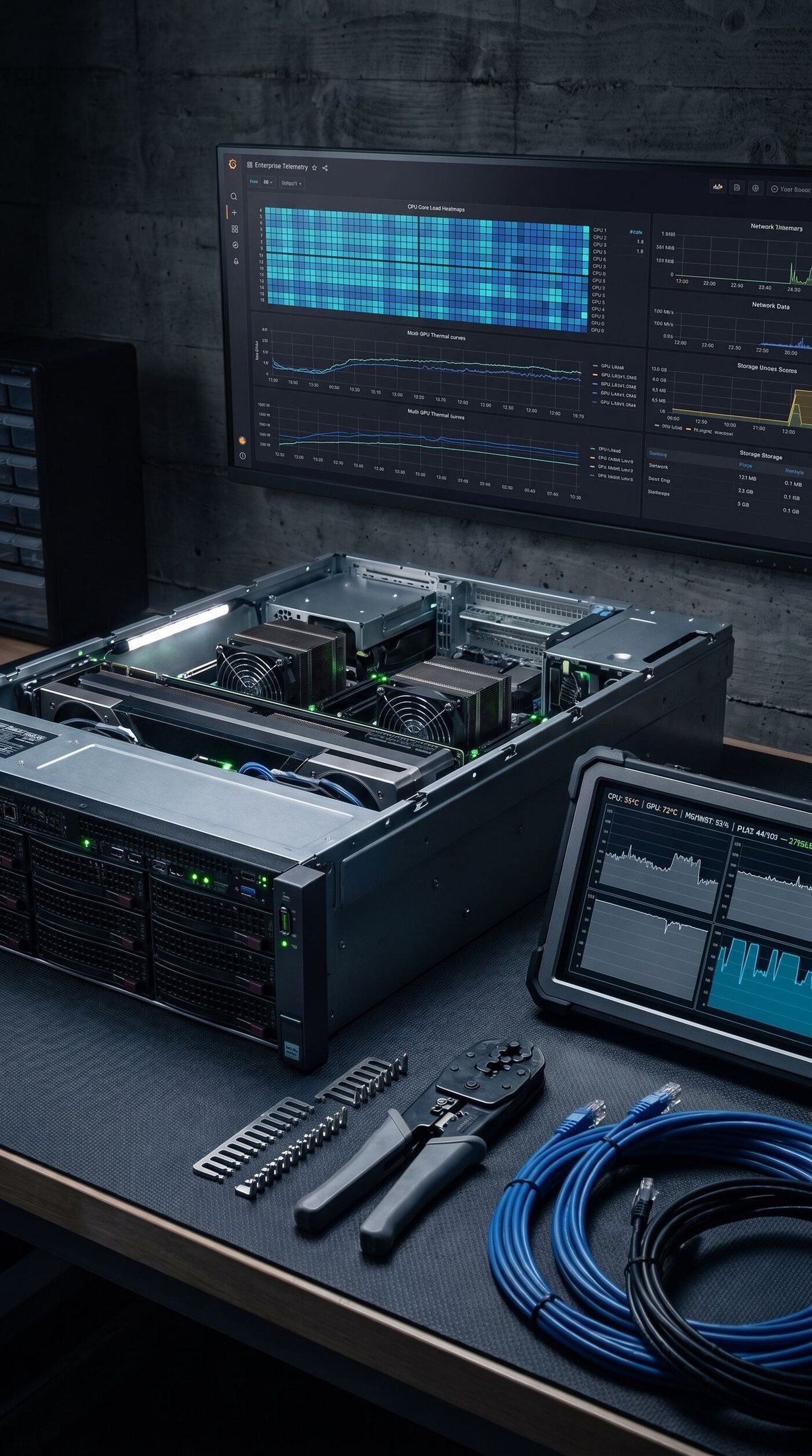 Zdemontowany serwer rack z widocznymi radiatorami GPU i wentylatorami na tle monitora z telemetrią CPU/GPU oraz tabletu diagnostycznego