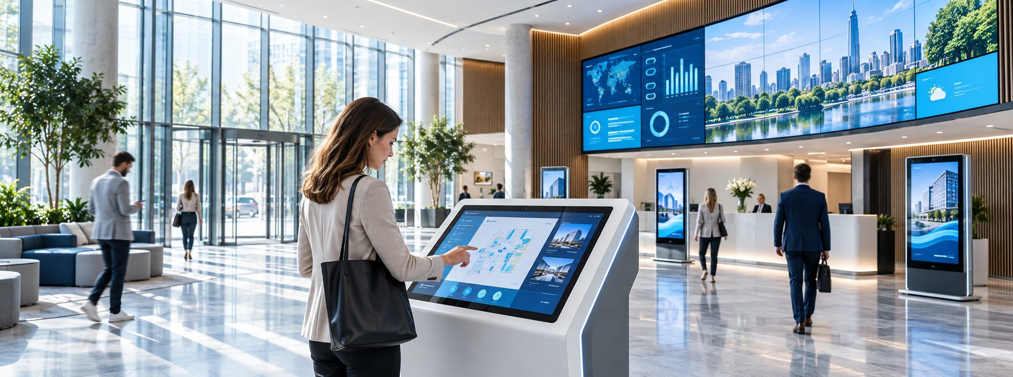 Nowoczesny system Digital Signage z ekranami informacyjnymi i interaktywnym kioskiem
