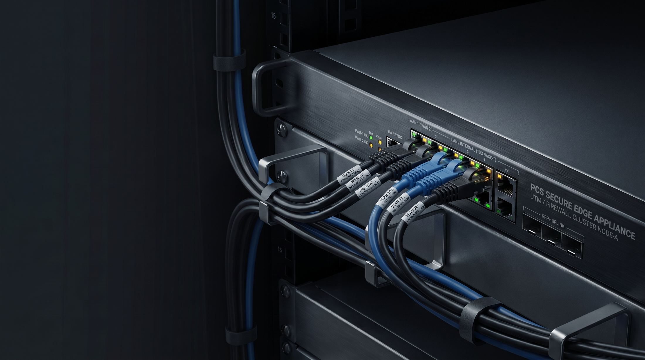 Urządzenie firewall UTM zamontowane w szafie serwerowej, z podłączonymi kablami sieciowymi