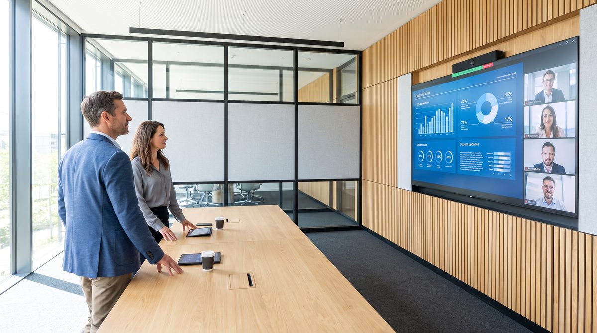 Meeting room with a large-format video conferencing display
