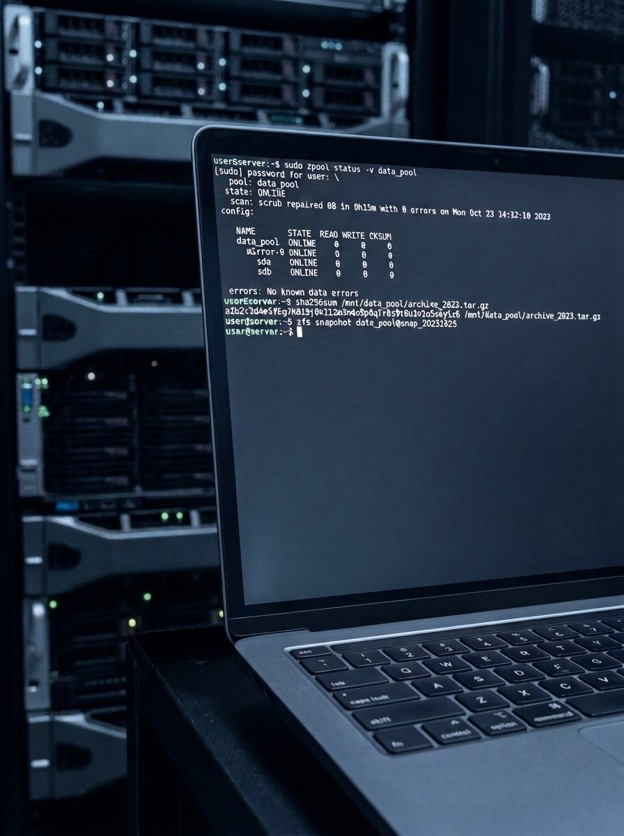 Terminal z poleceniami weryfikacji migawki kopii zapasowej ZFS na tle szafy serwerowej