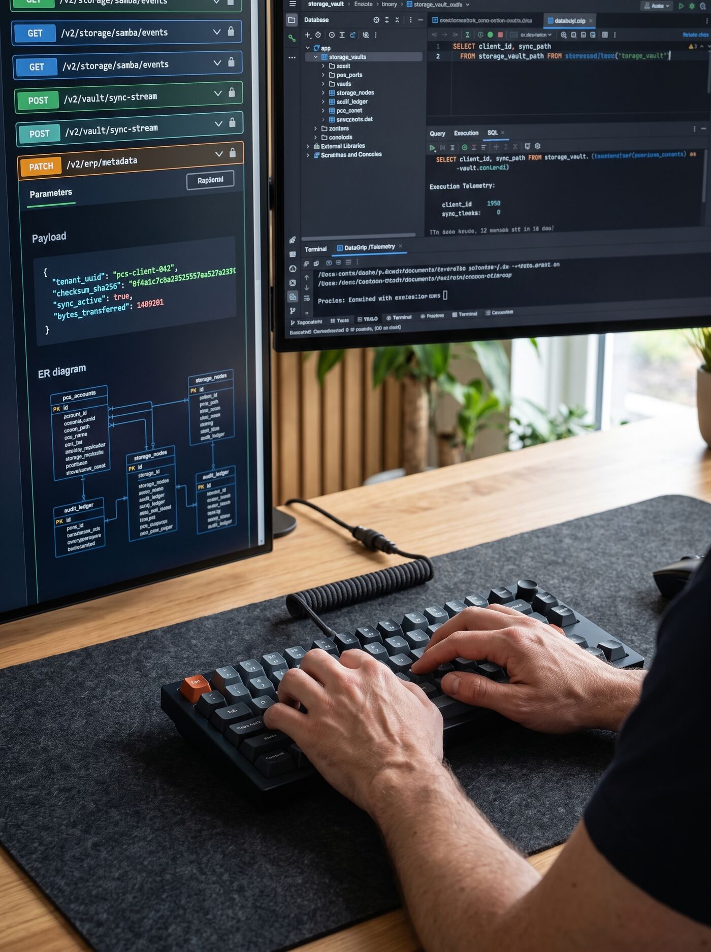 Programista pracujący przy dwóch monitorach z kodem API i strukturą bazy danych