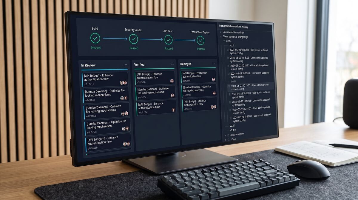 Pulpit z potokiem CI/CD oraz tablicą zadań w systemie GitLab i Redmine